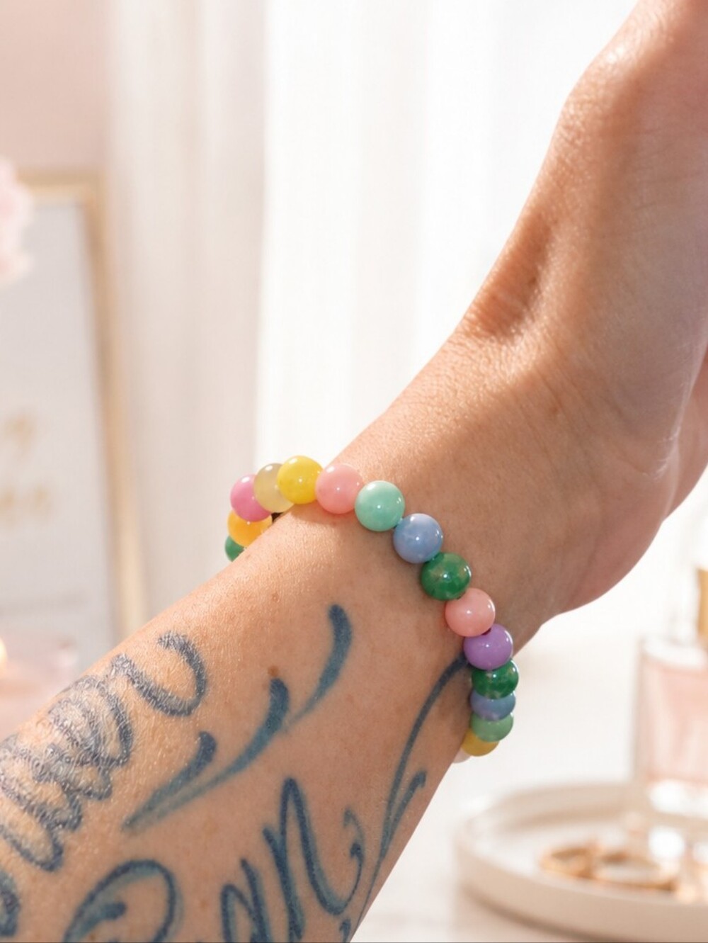 Handmade Pastel Rainbow Beaded Stretch Bracelet 6 Inch Kawaii Jewelry